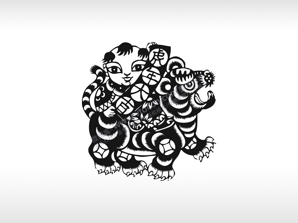 剪纸老虎虎年大吉男童骑虎AI8.0格式激光打标文件通用矢量图