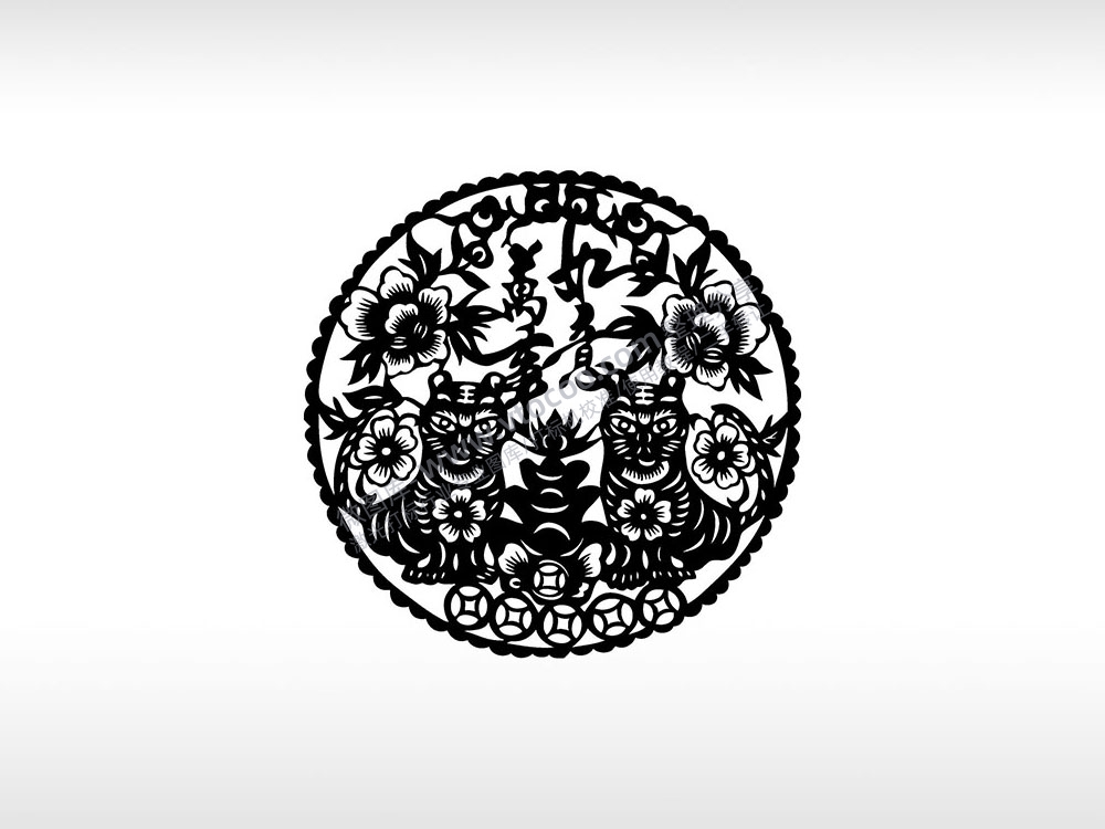 剪纸老虎双虎虎王圆形花边万事如意AI8.0格式激光打标文件通用矢量图
