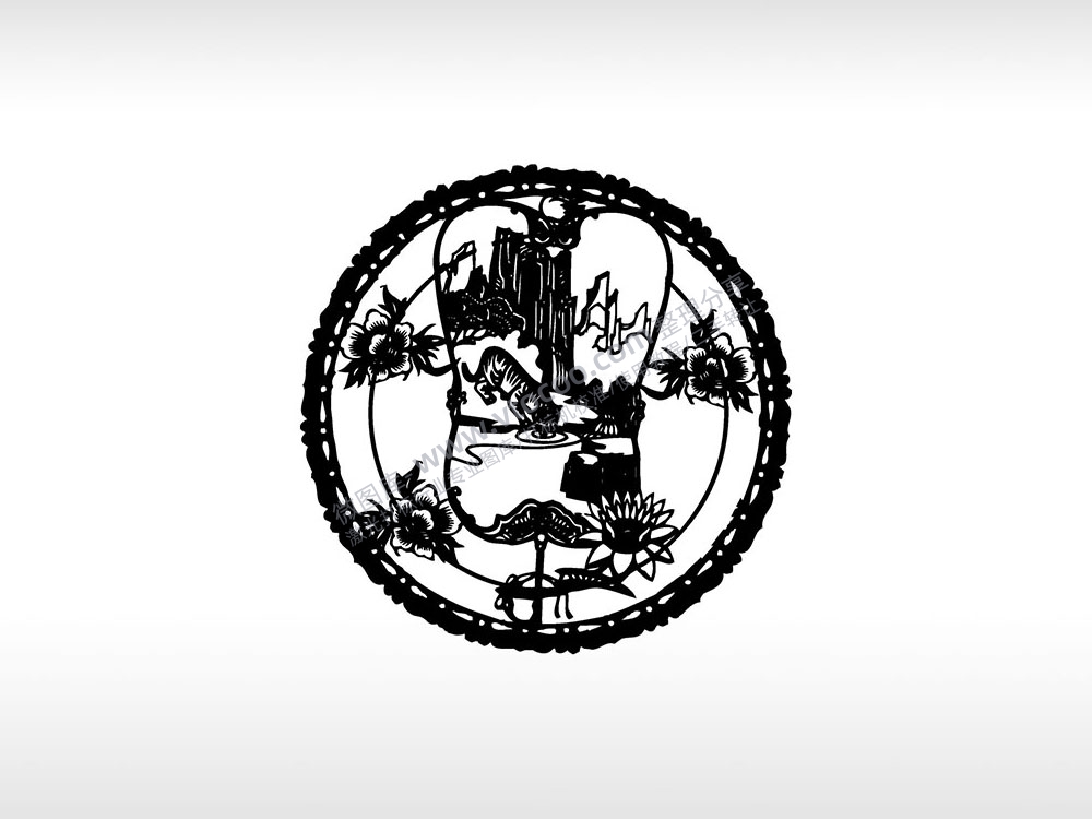 剪纸老虎民间艺术老虎喝水圆形边框AI8.0格式激光打标文件通用矢量图