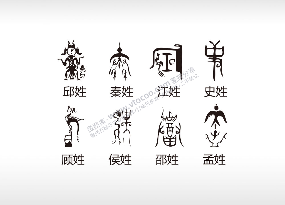 百家姓氏图腾邱秦江史顾侯邵孟AI8.0格式激光打标文件通用矢量图