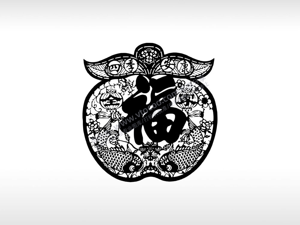 全家四季安康福字鲤鱼苹果福字剪纸花纹福书法字体新年激光打标矢量图