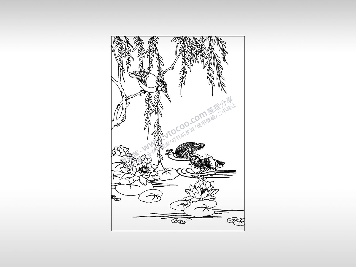 春风图柳树鸟儿戏水荷塘PLT格式激光打标文件通用矢量图