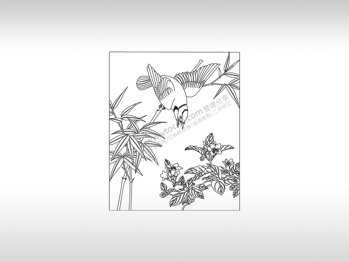 鸟儿竹子白描花朵PLT格式激光打标文件通用矢量图