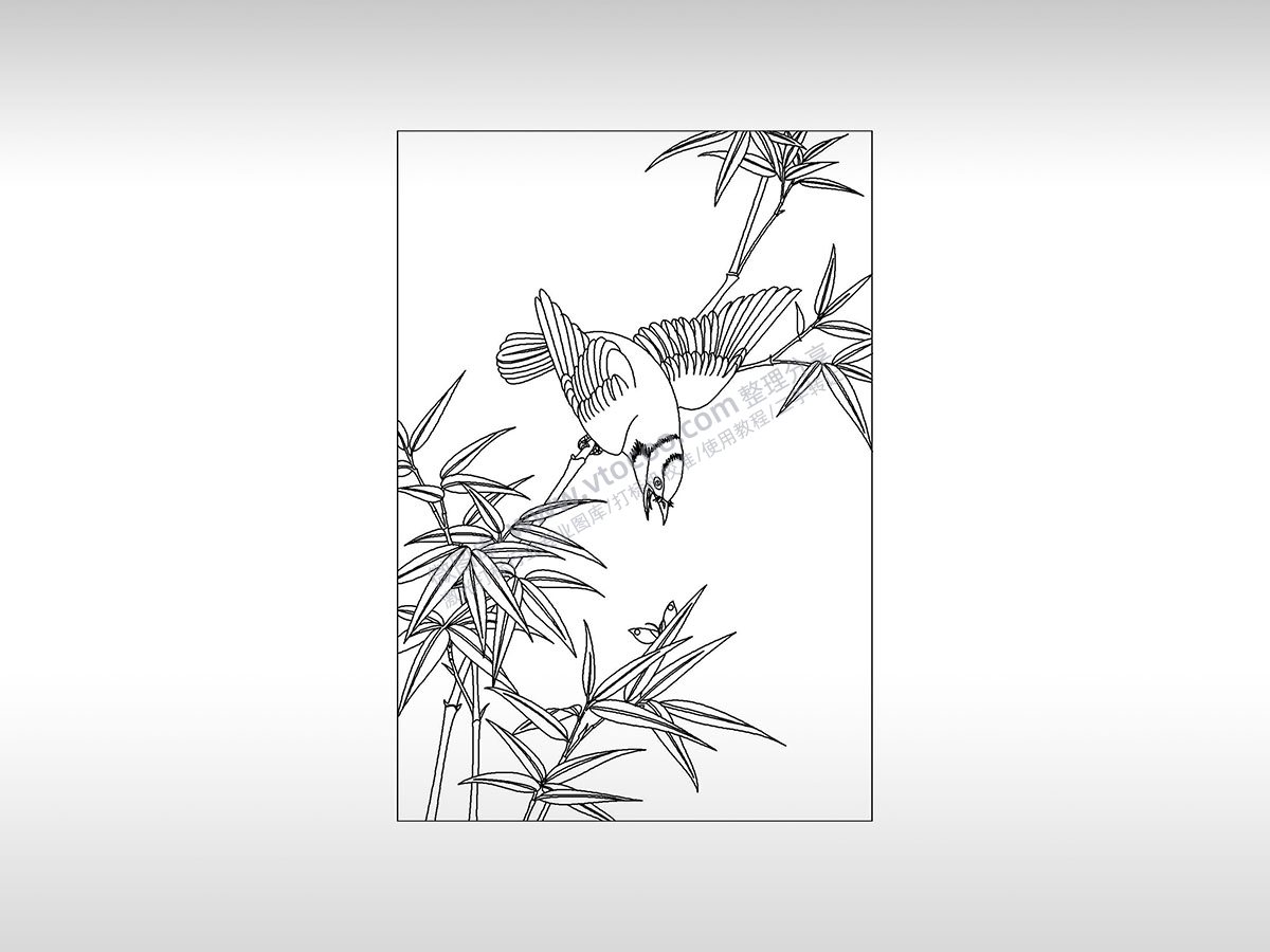 花鸟图竹子白描觅食PLT格式激光打标文件通用矢量图
