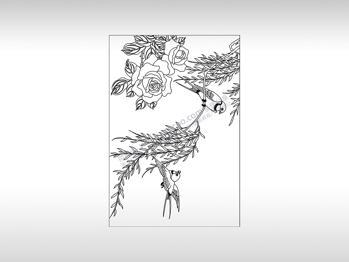 鸟语花香花鸟图柳树自然美景PLT格式激光打标文件通用矢量图