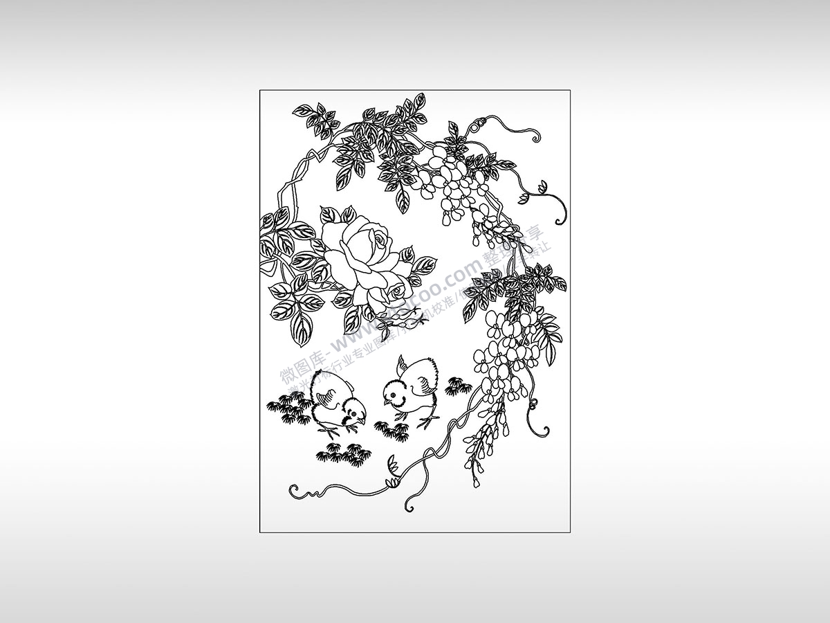 鸟语花香花鸟图小鸡啄米觅食兰花树藤百合PLT格式激光打标文件通用矢量图