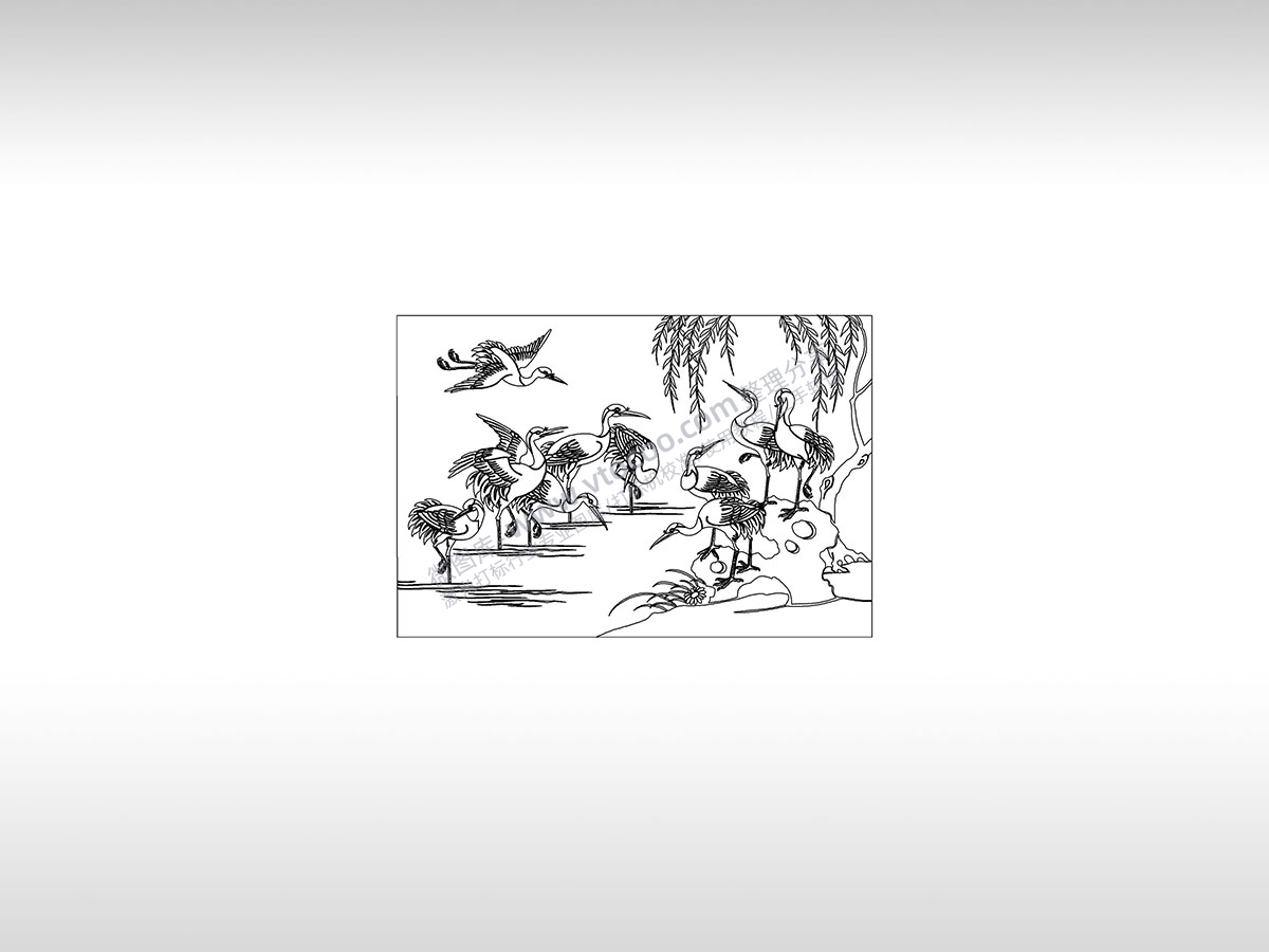 仙鹤长寿吉祥河边柳树自然风景PLT格式激光打标文件通用矢量图