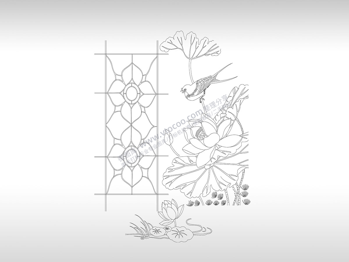 鸟语花香花鸟图鸟莲花组合图案PLT格式激光打标文件通用矢量图