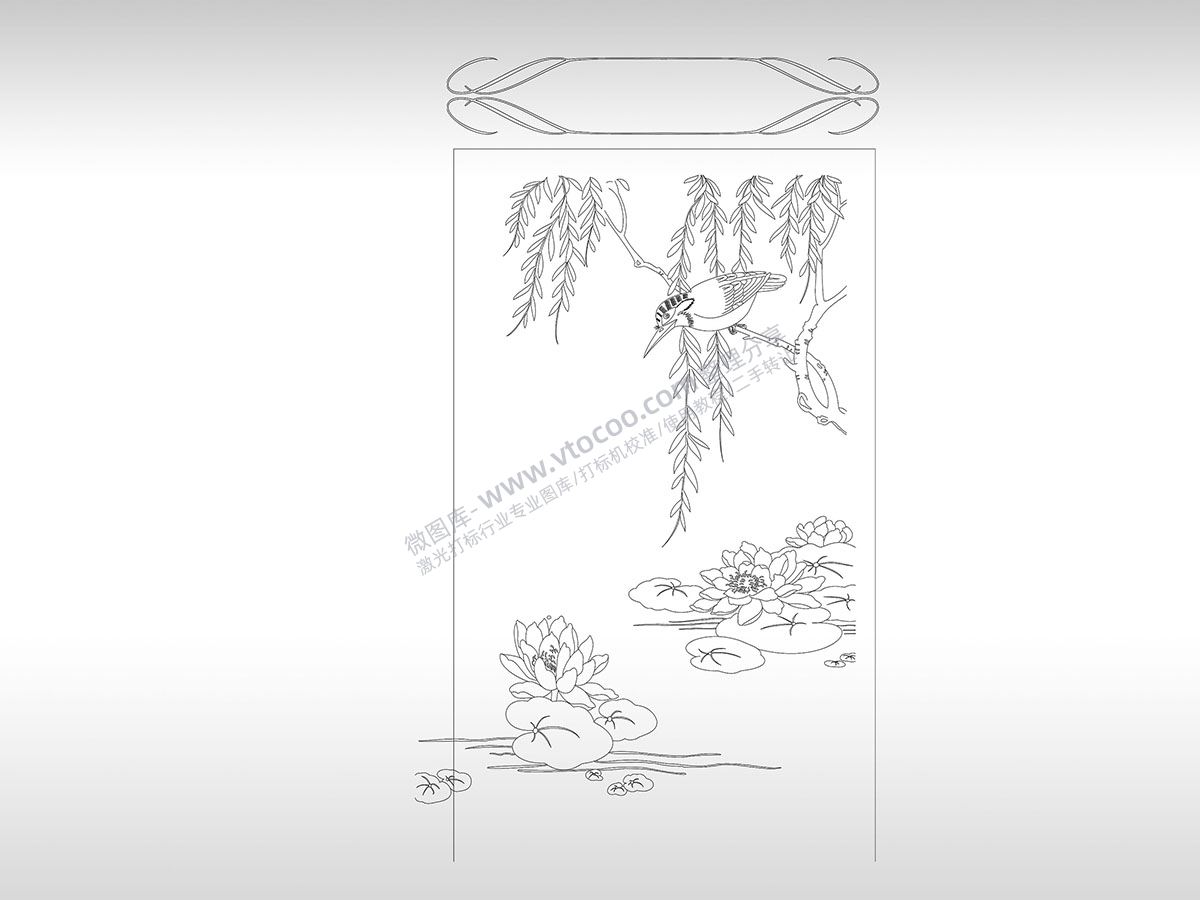 花鸟图框鸟柳树荷花组成艺术图PLT格式激光打标文件通用矢量图