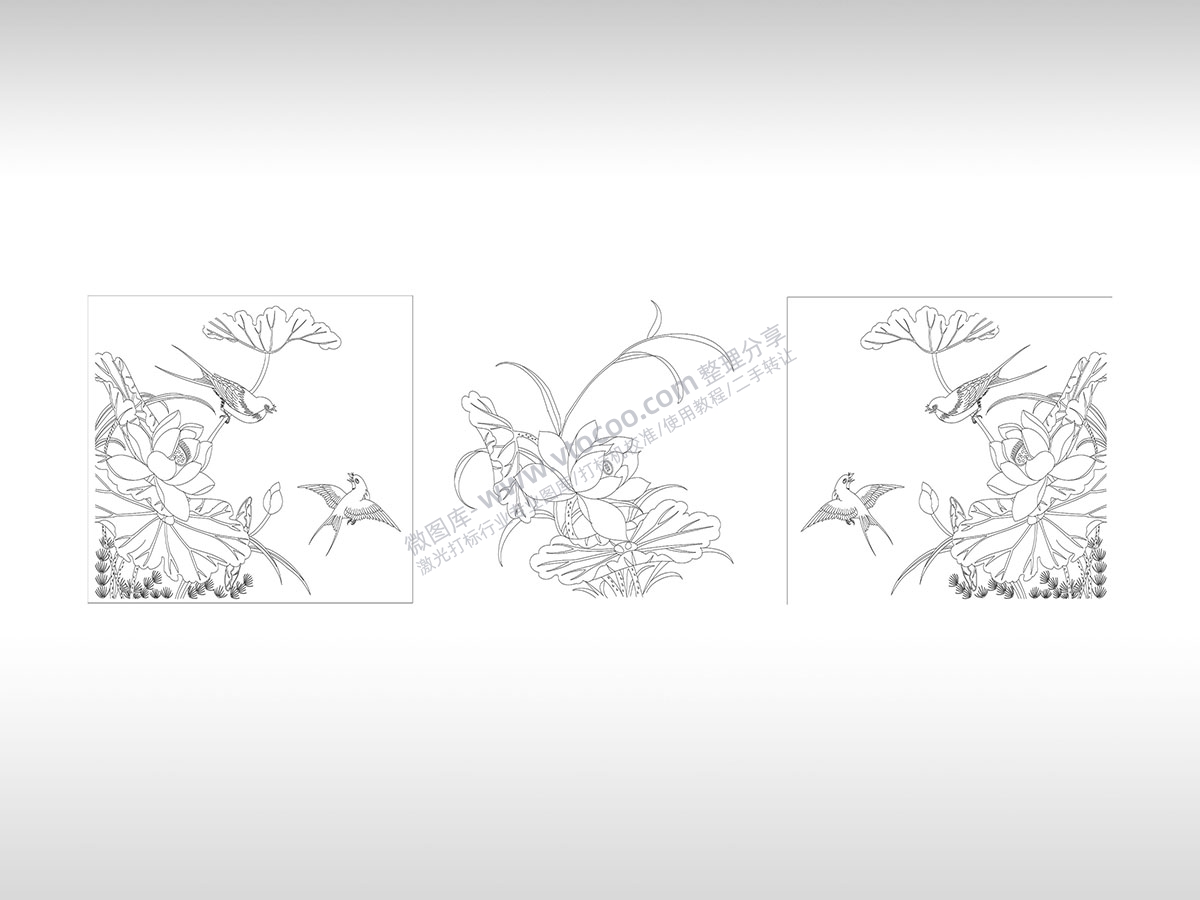 花鸟图组合艺术图案燕子百合荷花组合PLT格式激光打标文件通用矢量图