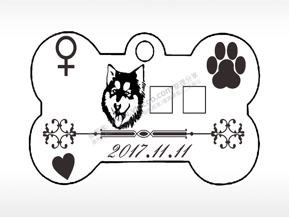 哈士奇骨头形正面狗牌AI8.0格式激光打标文件通用矢量图