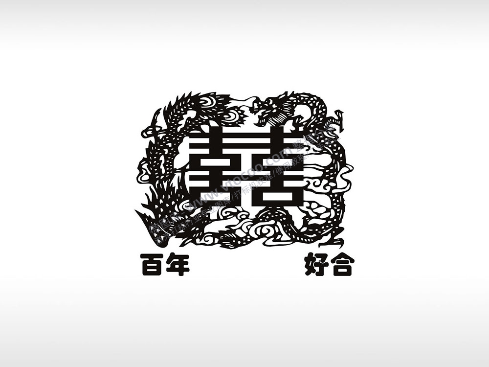 喜庆百年好合龙个性卡通图案线描PLT格式激光打标文件通用矢量图