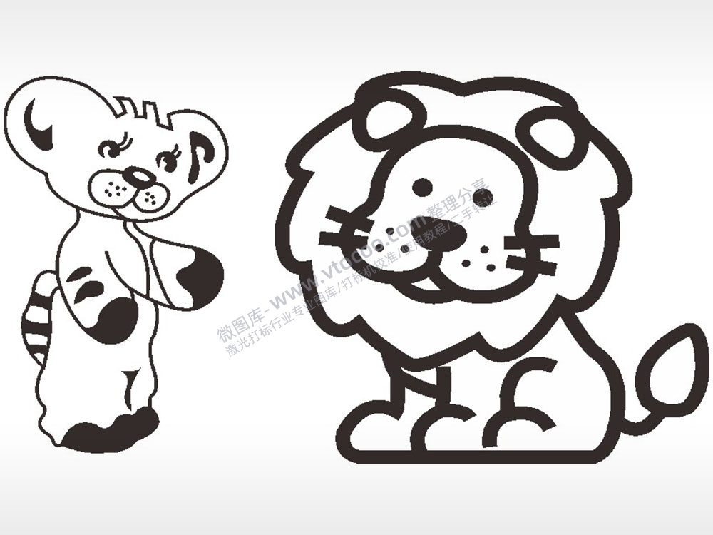 老虎狮子动物卡通人物AI8.0格式激光打标文件通用矢量图