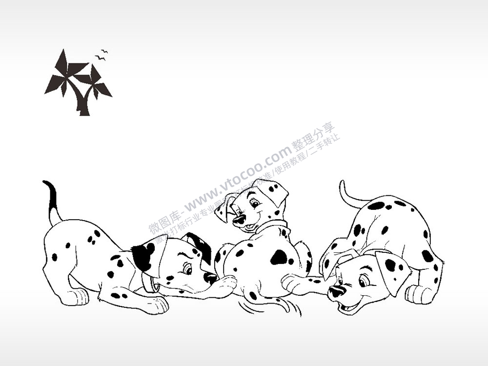 三只斑点狗玩耍卡通狗类AI8.0格式激光打标文件通用矢量图
