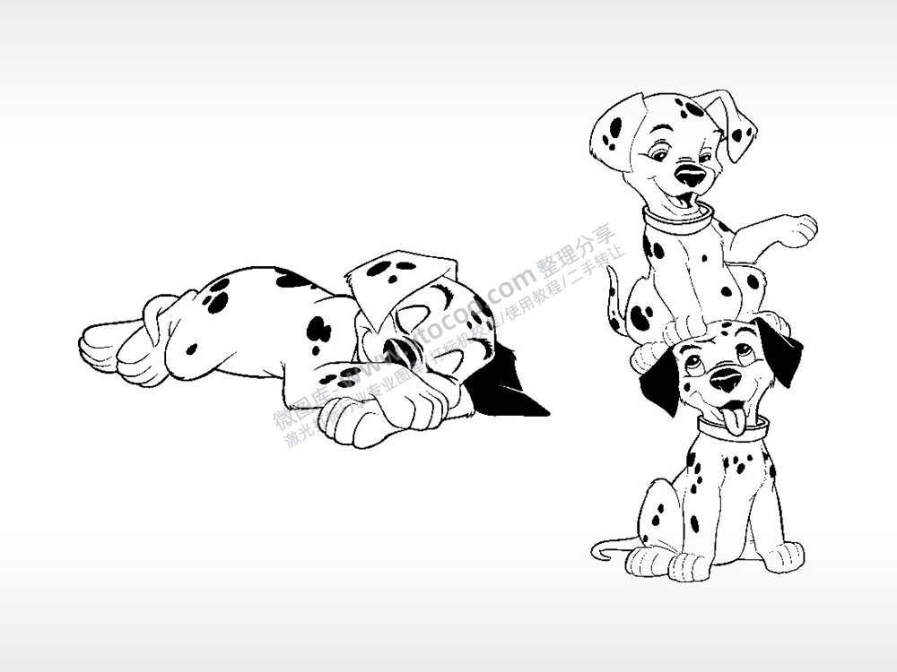 三只斑点狗玩耍睡觉卡通狗类AI8.0格式激光打标文件通用矢量图