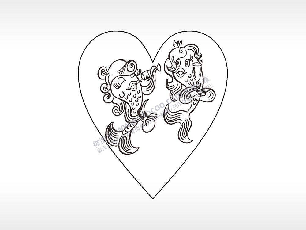 人鱼喝酒心型项链模板AI8.0格式激光打标文件通用矢量图