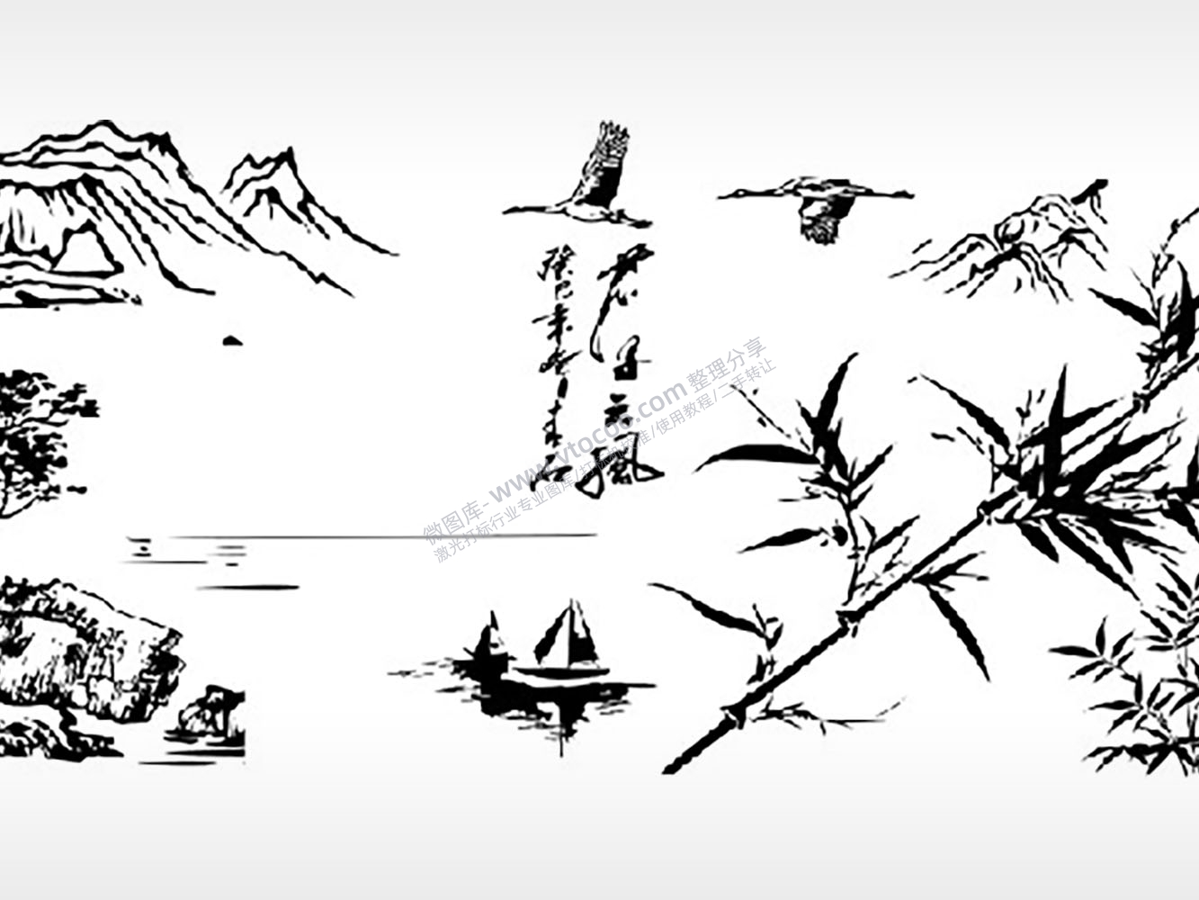 硅藻泥花纹山水竹泼墨山水画匾额PLT格式激光打标文件通用矢量图