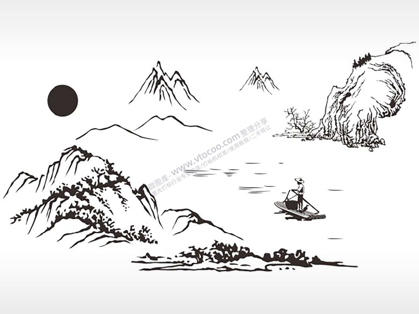 渔夫摇船山河泼墨山水画匾额PLT格式激光打标文件通用矢量图