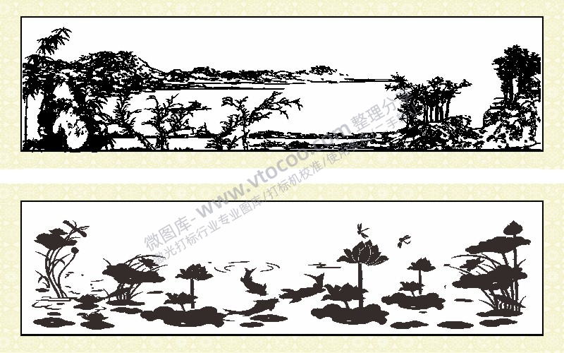 蜻蜓点水山水匾额水墨画AI8.0格式激光打标文件通用矢量图