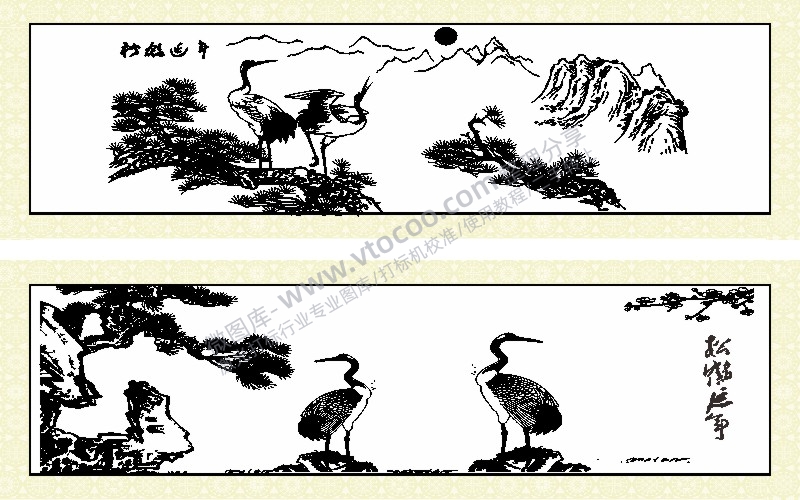 松鹤延年山水匾额水墨画AI8.0格式激光打标文件通用矢量图