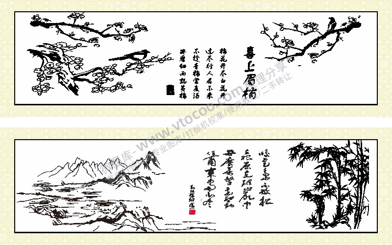 喜上眉梢山水匾额水墨画AI8.0格式激光打标文件通用矢量图