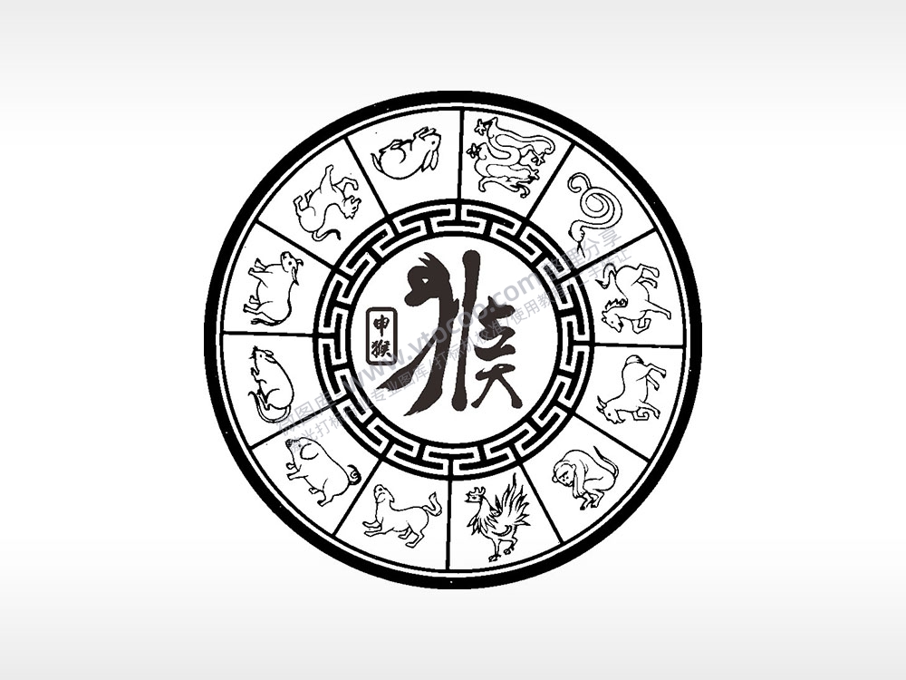 十二生肖申猴游戏硬币园项链AI8.0格式激光打标文件通用矢量图